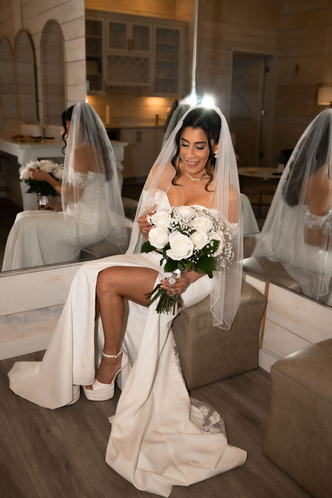 Close-up of bouquet and engagement ring