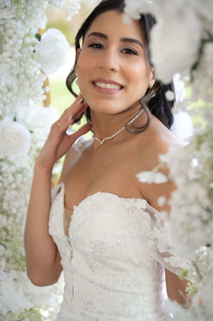 Close-up of bride’s smile at The White Dove Barn