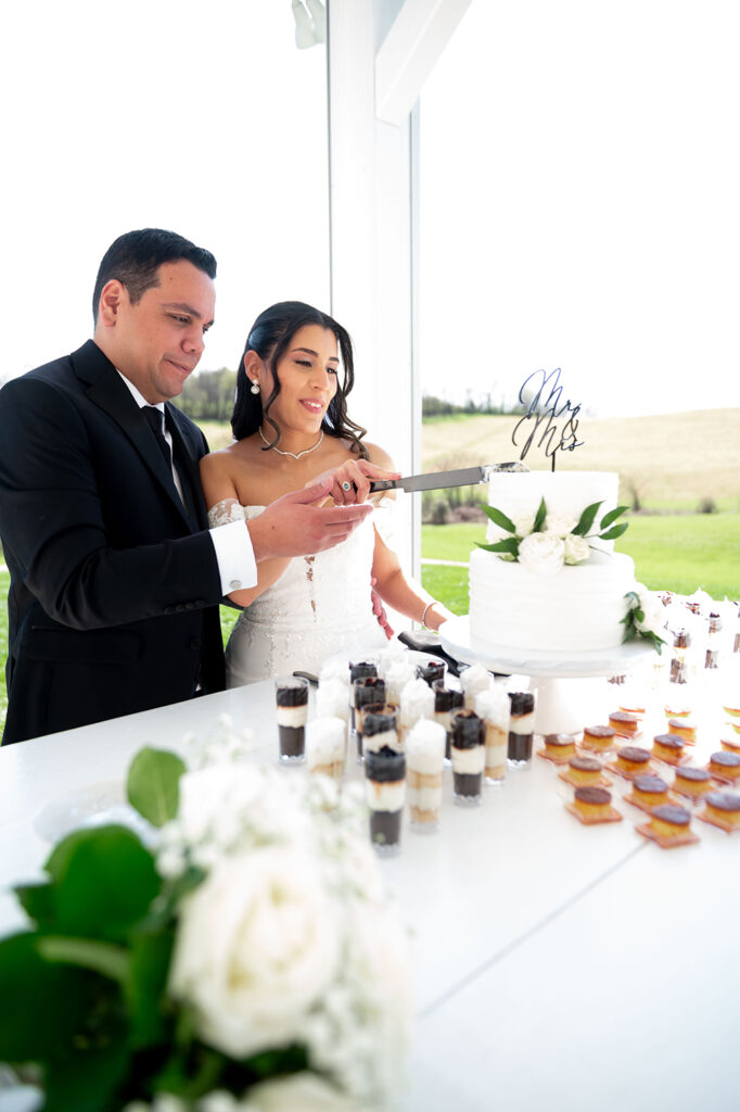 Bride and groom cutting their wedding cake