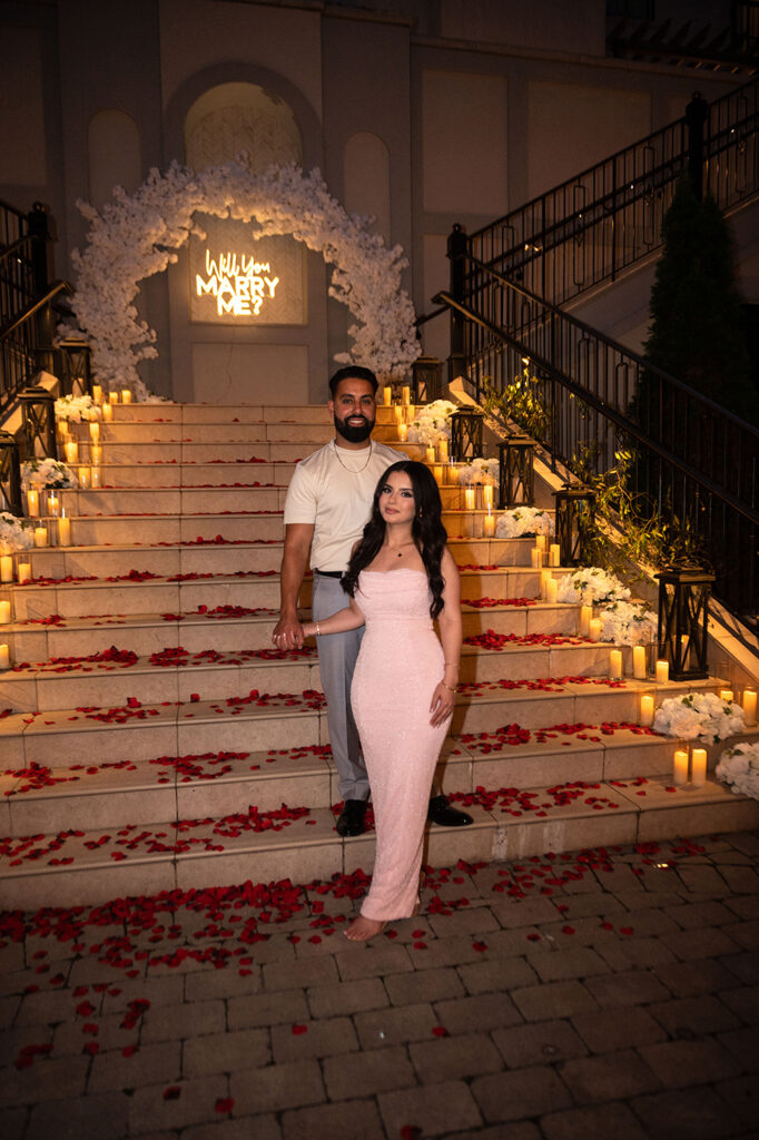 Elegant engagement decor with florals on staircase in Franklin, TN